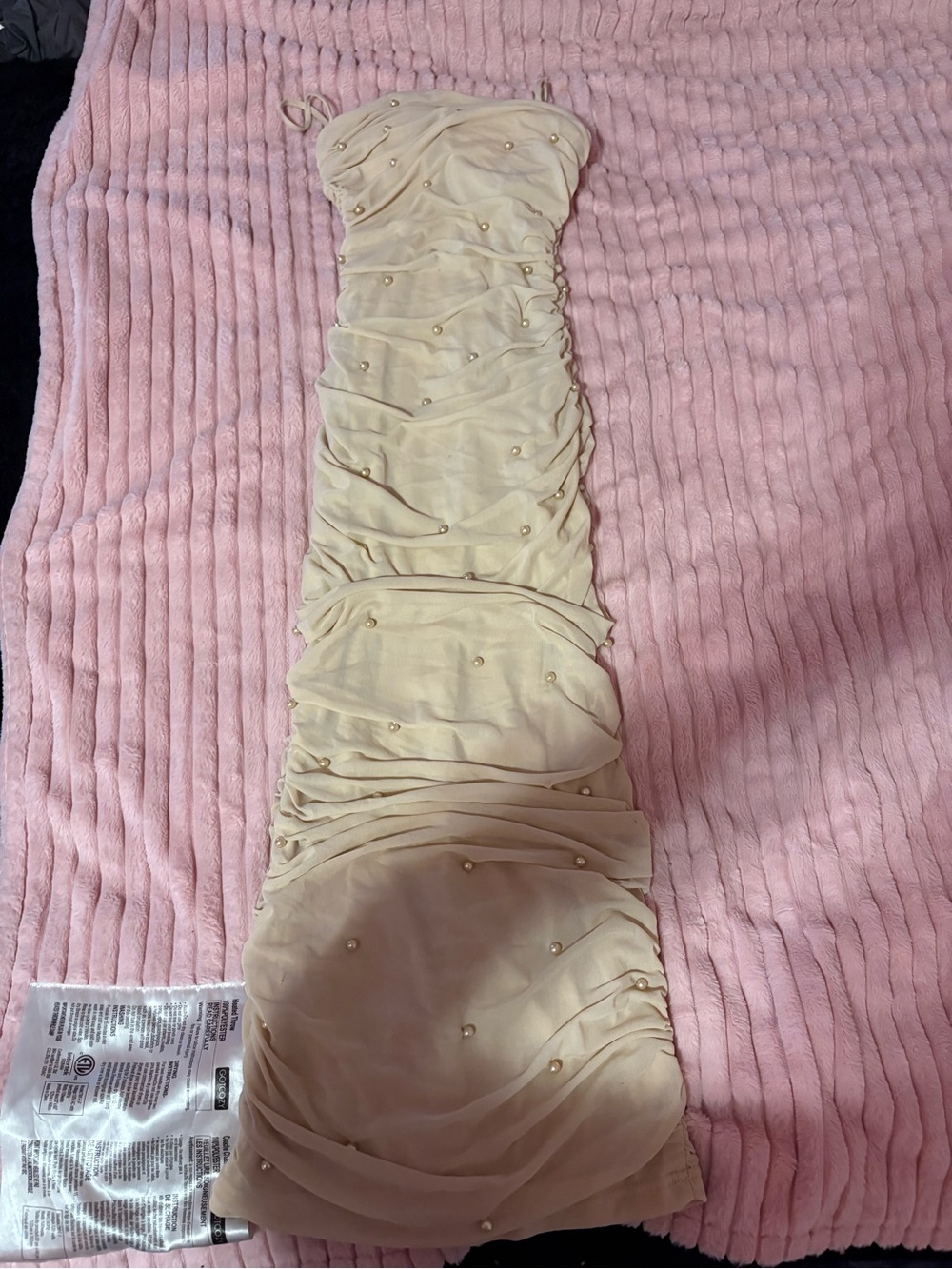 refuge Nude Beaded Ruched Strapless Bodycon Dress